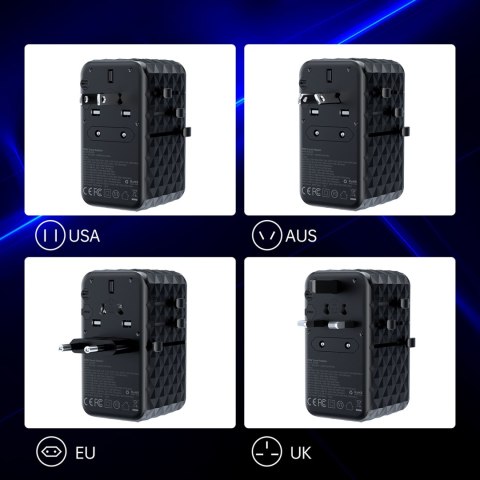 Adapter ładowarka podróżna EU / US / AUS / UK 2x USB-C 2x USB-A 100W - czarny