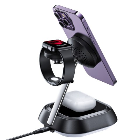 3w1 Stacja ładująca indukcyjna E16 15W do telefonu słuchawek zegarka - czarna