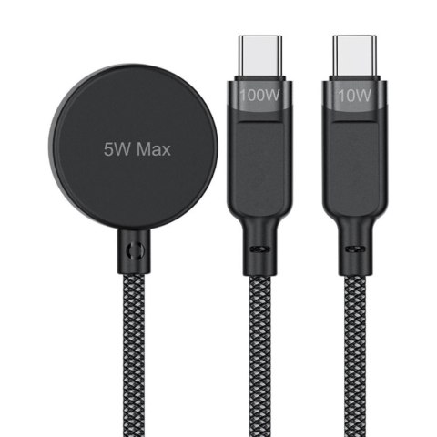 3w1 Kabel przewód USB-C - 2x USB-C / ładowarka Apple Watch Qi 480Mb/s 100W 1.2m - czarny