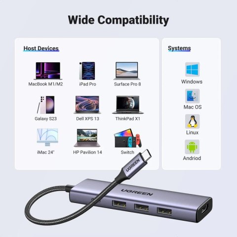 5w1 HUB adapter USB-C - USB-C PD / HDMI / 3x USB-A 3.0 - szary