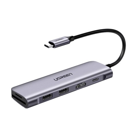 6w1 HUB adapter USB-C - HDMI USB-A USB-C PD czytnik SD TF - szary