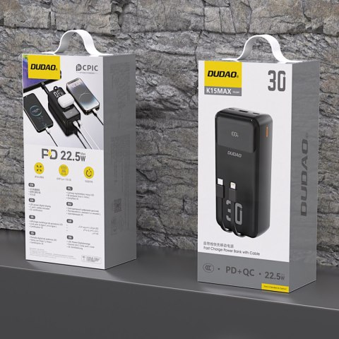 Powerbank 30000mAh z wbudowanymi kablami PD 22.5W - czarny