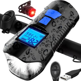 Lampka rowerowa akumulatorowa na kierownicę z licznikiem dzwonkiem wodoodporna 300 lm