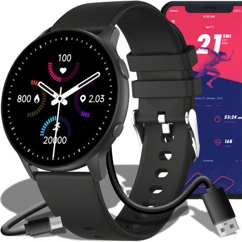 Smartwatch zegarek sportowy funkcyjny pulsometr ciśnieniomierz sen muzyka 45 mm - czarny