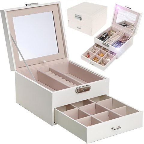 Szkatułka pudełko organizer na biżuterię pierścionki z szufladą - kremowy