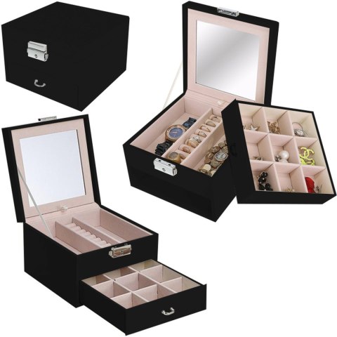Szkatułka pudełko organizer na biżuterię z lusterkiem szufladą - czarny