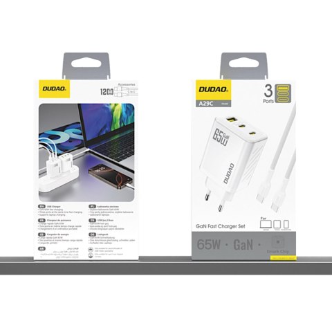 Ładowarka sieciowa GaN z kablem USB-C 1m 65W -biała