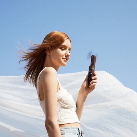 Mini wentylator wiatrak przenośny z funkcją powerbanka latarką USB-A USB-C 2000mAh - brązowy