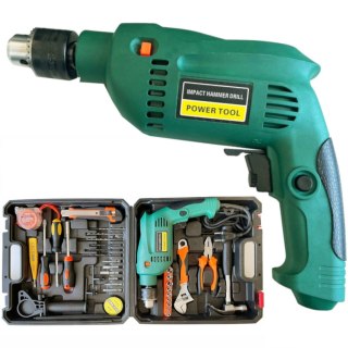 Zestaw narzędzi z wiertarką udarową młotek kombinerki wiertła 550 W - 37 el.