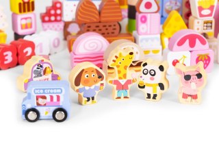 DREWNIANE KLOCKI EDUKACYJNE ZESTAW - CUKIERKOWE MIASTO 116 EL. ECOTOYS