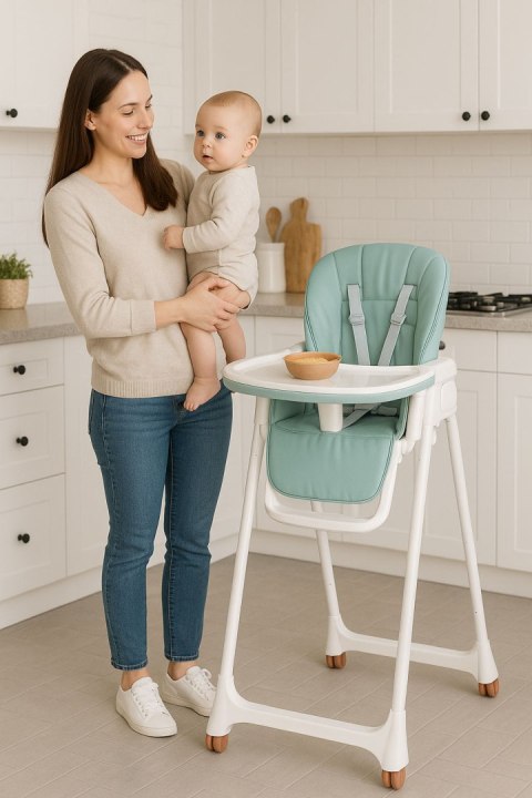 KRZESEŁKO FOTELIK DO KARMIENIA REGULACJA WYSOKOŚCI EKOSKÓRA PASY PODWÓJNA TACKA ECOTOYS