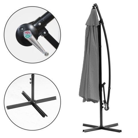 PARASOL OGRODOWY DUŻY NA WYSIĘGNIKU SKŁADANY 3 M SZARY 6 ŻEBER MULTIGARDEN