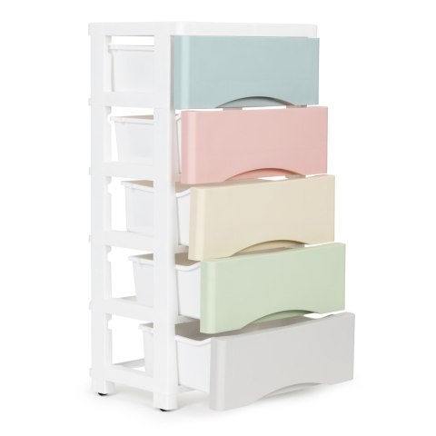 REGAŁ Z 5 WYSUWANYMI SZUFLADAMI NOGI Z KÓŁKAMI KOLOROWE SZUFLADY MODERNHOME