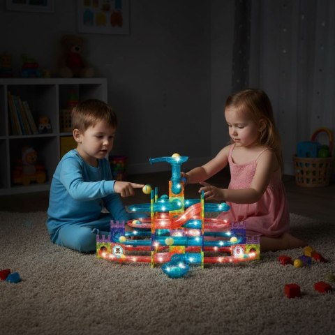 Klocki magnetyczne tor kulkowy LED klocki konstrukcyjne kulodrom 166 elementów