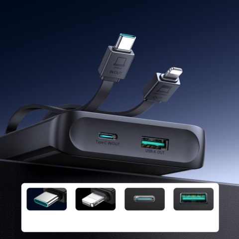 Powerbank 10000mAh z wbudowanymi kablami USB-C iPhone Lightning - czarny