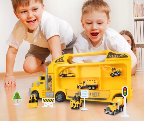 Ciężarówka walizka z metalowymi autkami budowlanymi 6 szt światła i dźwięki