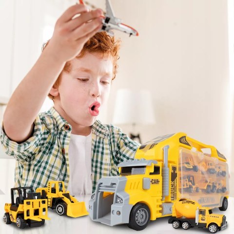 Ciężarówka walizka z metalowymi autkami budowlanymi 6 szt światła i dźwięki