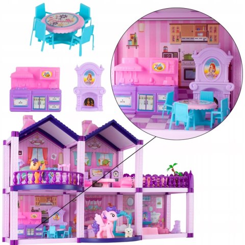 Domek dla lalek różowy duży piętrowy z mebelkami kucyki koniki dla dzieci