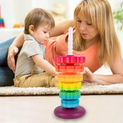 Tęczowa wieża sensoryczna 6 krążków - kreatywna piramidka edukacyjna