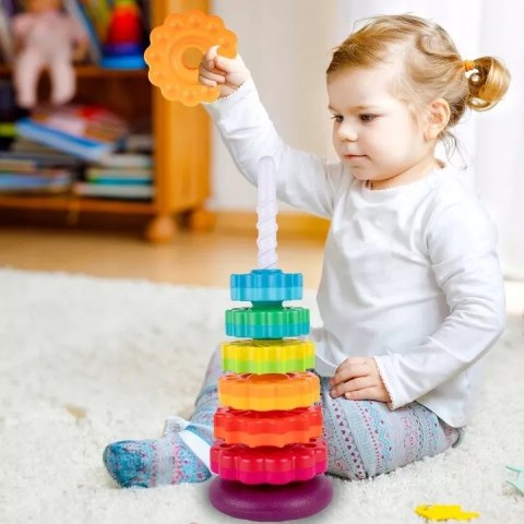 Tęczowa wieża sensoryczna 6 krążków - kreatywna piramidka edukacyjna