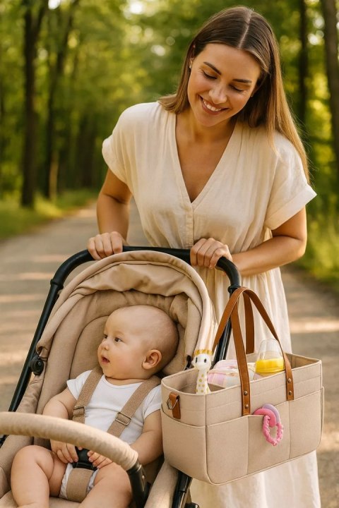 Duży Filcowy Organizer Beżowy XXL Dla Mamy i Maluszka Na Pieluszki i Akcesoria