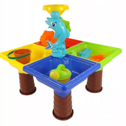 Stolik do piasku i do wody delfin młyn łopatka grabki foremki 25 el 9829