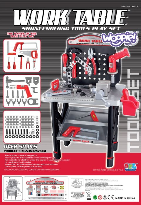 WOOPIE Duży Warsztat z Narzędziami dla Dzieci Zestaw Majsterkowicza Wiertarka Piła Młotek 50 el.