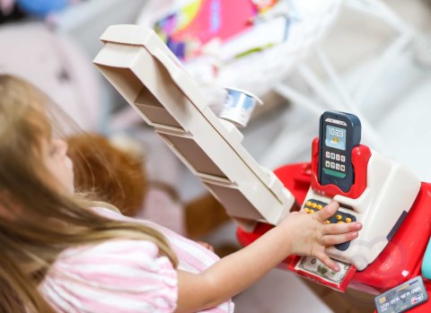 WOOPIE Sklep Supermarket z Wózkiem Sklepowym Waga Kasa Skaner + 48 Akc.