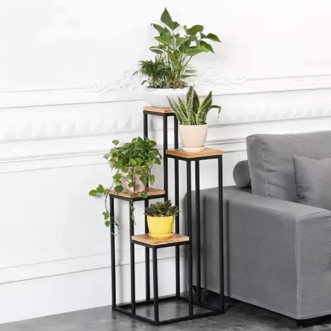 KWIETNIK REGAŁ NA KWIATY OZDOBY 4 PÓŁKI METAL MDF JASNY ORZECH MODERNHOME