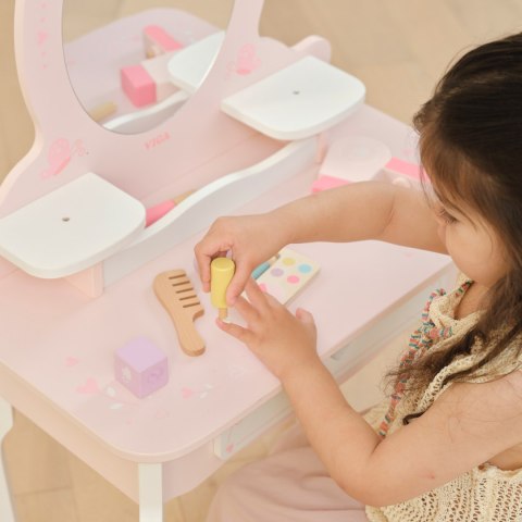 VIGA Duża Toaletka Drewniana Biało-Różowa z Lustrem i Krzesełkiem