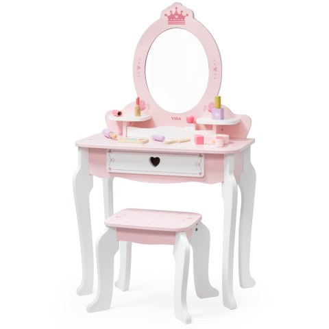VIGA Duża Toaletka Drewniana Biało-Różowa z Lustrem i Krzesełkiem