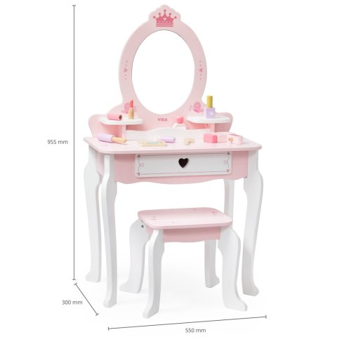 VIGA Duża Toaletka Drewniana Biało-Różowa z Lustrem i Krzesełkiem