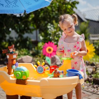 WOOPIE Stolik Wodny 2w1 Piaskownica Statek Piracki z Parasolem XL z Maszyna do Robienia Baniek Mydlanych