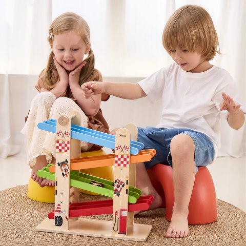 VIGA Drewniana Podwójna Zjeżdżalnia Dla Samochodzików Tor Wyścigowy