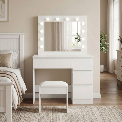 Toaletka kosmetyczna z lustrem i oświetleniem LED 4 szuflady taboret ModernHome