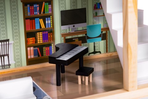 DREWNIANY DOMEK DLA LALEK 3 PIĘTRA TARAS Z KOMPLETEM 15 MEBELKÓW ECOTOYS