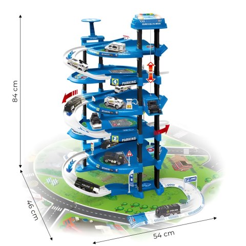 GARAŻ SAMOCHODOWY XXL KOMENDA POLICJI 5 POZIOMÓW + MATA Z MIASTEM 82 ELEMENTY