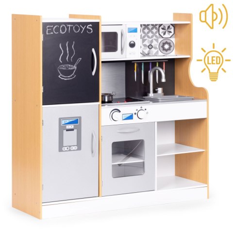 KUCHNIA DLA DZIECI Z DŹWIĘKIEM I LED TABLICA KREDOWA METALOWE AKCESORIA MDF +3 LATA ECOTOYS