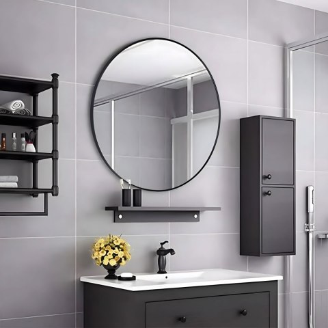 OKRĄGŁE LUSTRO ŚCIENNE 60 CM WISZĄCE NOWOCZESNE CZARNA RAMA ALUMINIUM MODERNHOME