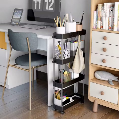 PLASTIKOWY REGAŁ ŁAZIENKOWY Z 4 PÓŁKAMI KÓŁKA CZARNY MODERNHOME