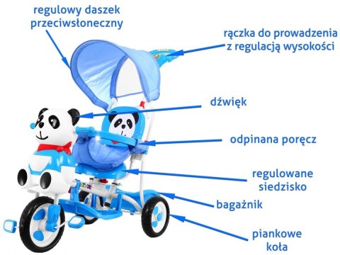 3-kołowy Rowerek dla dzieci Panda Niebieski + Dźwięki + Daszek + Barierka + Podnóżek + Rączka + Schowek