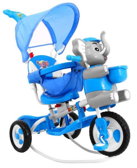 3-kołowy Rowerek dla dzieci Słonik Niebieski + Dźwięki + Daszek + Barierka + Podnóżek + Rączka + Schowek