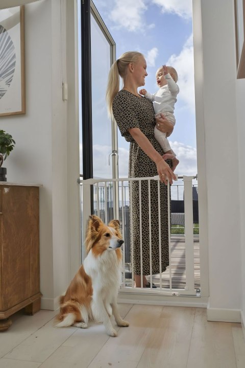 BRAMKA BARIERKA ZABEZPIECZAJĄCA 74-105 CM NA SCHODY I DRZWI STAL DODATKOWE PANELE BIAŁA ECOTOYS