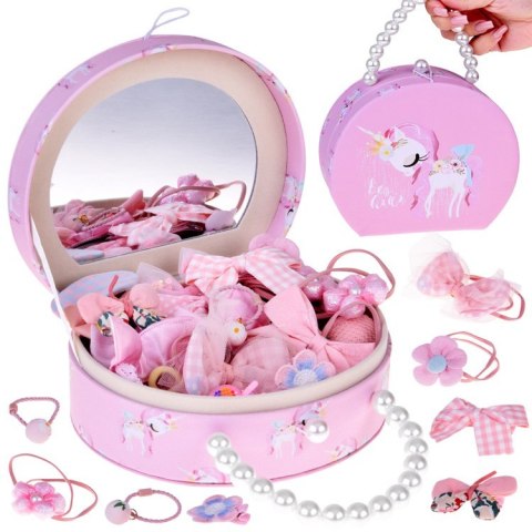 Urocza szkatułka na biżuterię eko-skóra lusterko + ozdoby do włosów ZA5737