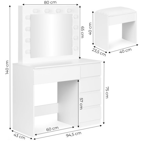 Toaletka kosmetyczna z lustrem i oświetleniem 5 szuflad taboret ModernHome