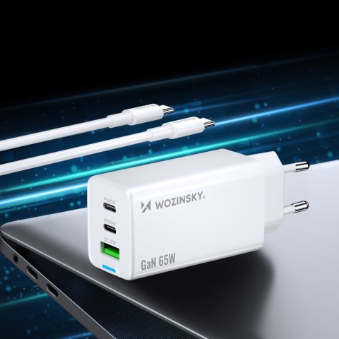 Ładowarka sieciowa GaN USB-A USB-C z kablem USB-C 65W - biała