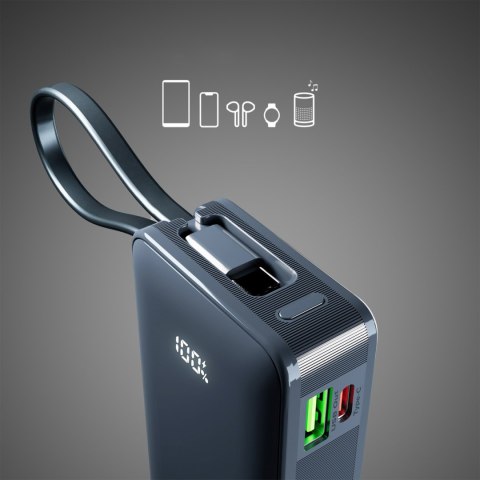 Powerbank 10000mAh USB-A USB-C z wyświetlaczem wbudowanym kablem USB-C 20W - ciemnoszary