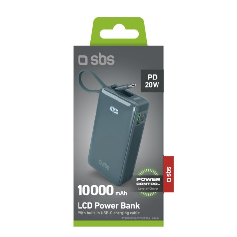 Powerbank 10000mAh USB-A USB-C z wyświetlaczem wbudowanym kablem USB-C 20W - szary