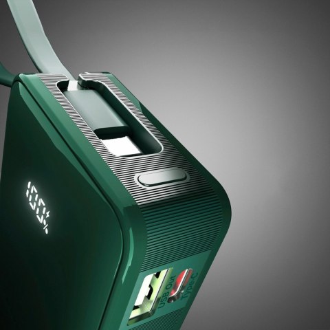 Powerbank 10000mAh USB-A USB-C z wyświetlaczem wbudowanym kablem USB-C 20W - zielony