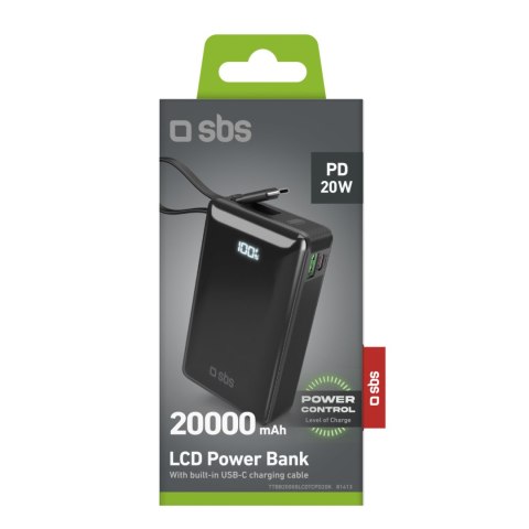Powerbank 20000mAh USB-A USB-C z wyświetlaczem wbudowanym kablem USB-C 20W - czarny